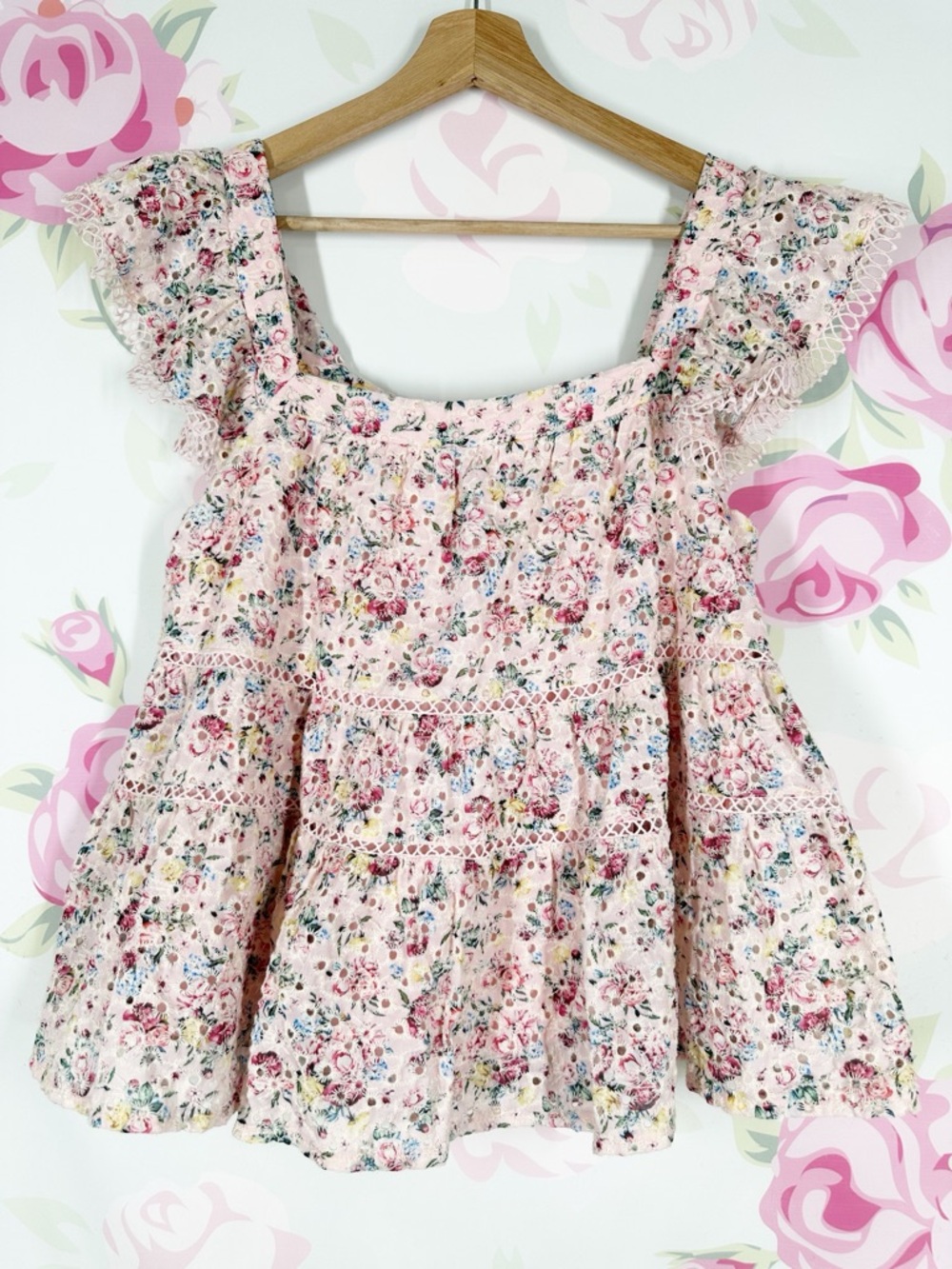 Nwt Francesca's Pink Floral Lace-Trim Tiered Peplum Spring Summer Blouse M